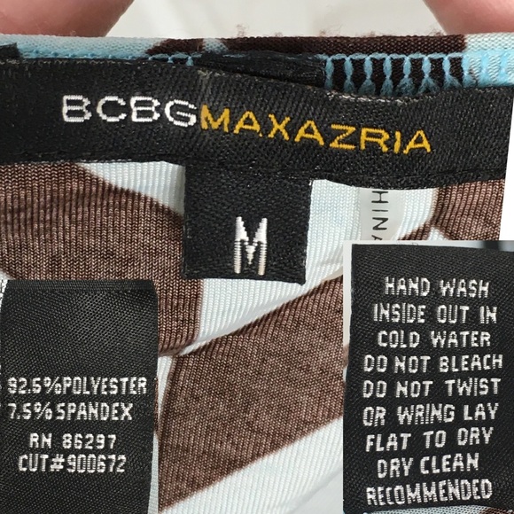 BCBGMaxAzria Blue Brown Chevron Surplice Bell Sleeves Fit n Flare Dress Medium - Picture 16 of 16